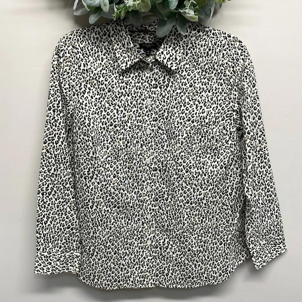 NWOT Talbots Petite Long Sleeve Button Down Leopard Print Blouse MP